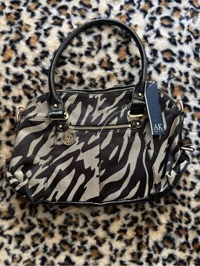 Anne Klein Black and Gray Zebra-Pattern Satchel with Gold Accents